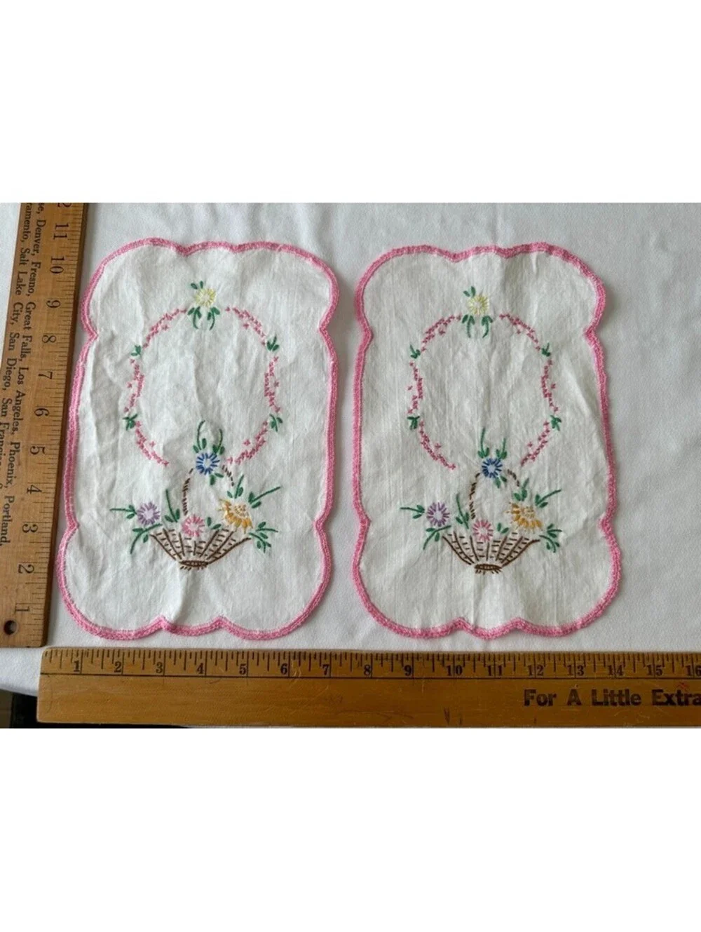 Vintage Hand Embroidered Dresser Lot Pink Flowers Basket Floral Leaves Green